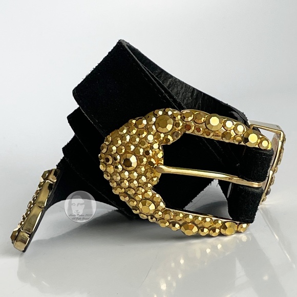 Michael Morrison Belt Embellished Gold Rhinestones Black Suede Leather Vintage - Picture 8 of 12
